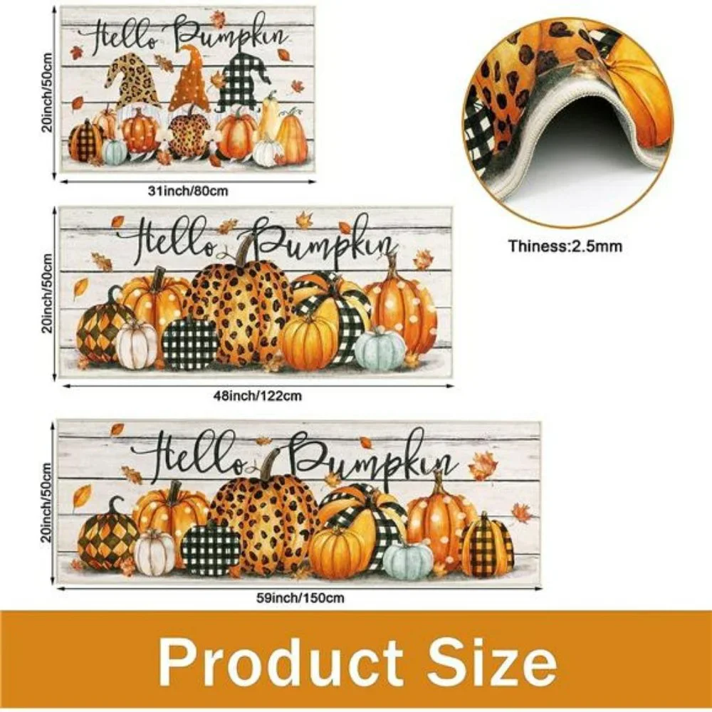 Fall Kitchen Rugs Sets of 3 Piece Leopard Pumpkins Floor Mats Non Skid Washable
